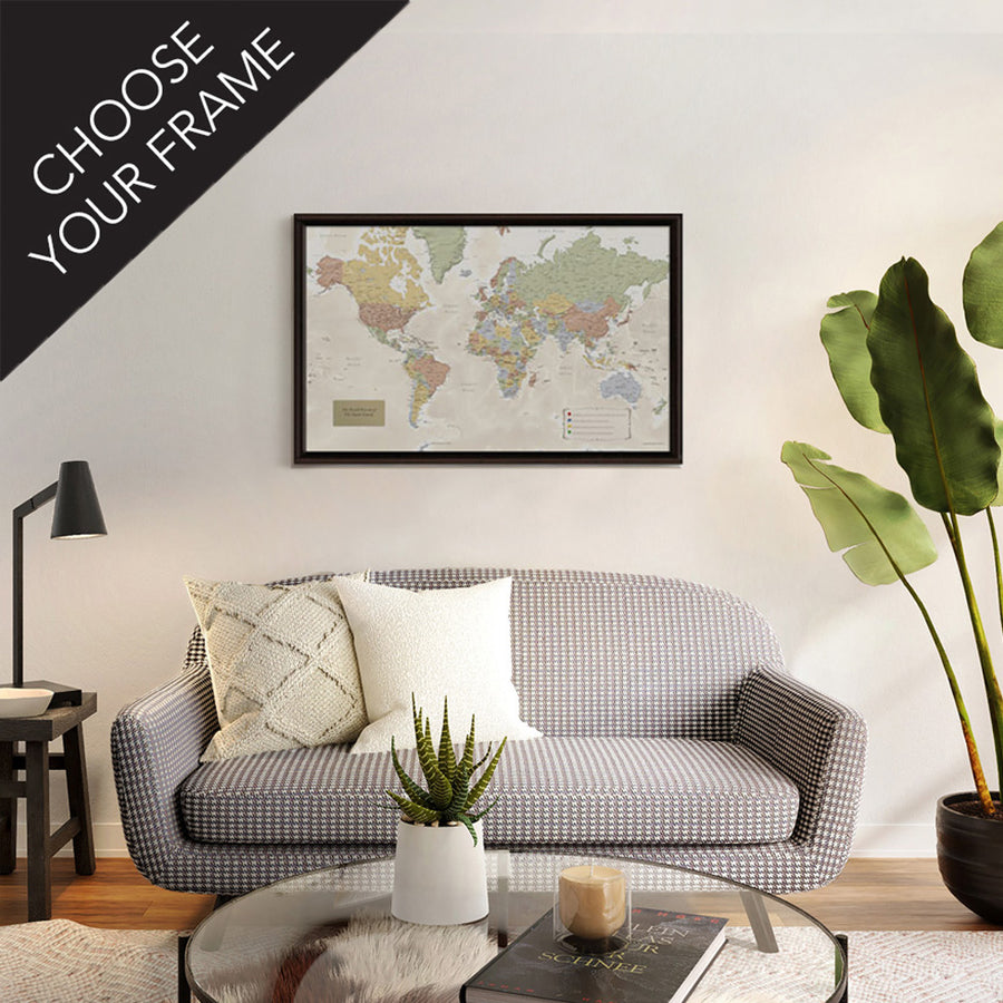 Map Your Travels Push Pin World Travel Map Framed