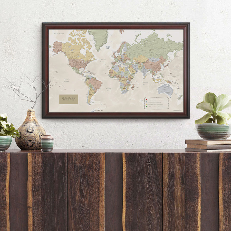 Personalised FRAMED Travel World Map Push Pin-board - Pick a Font